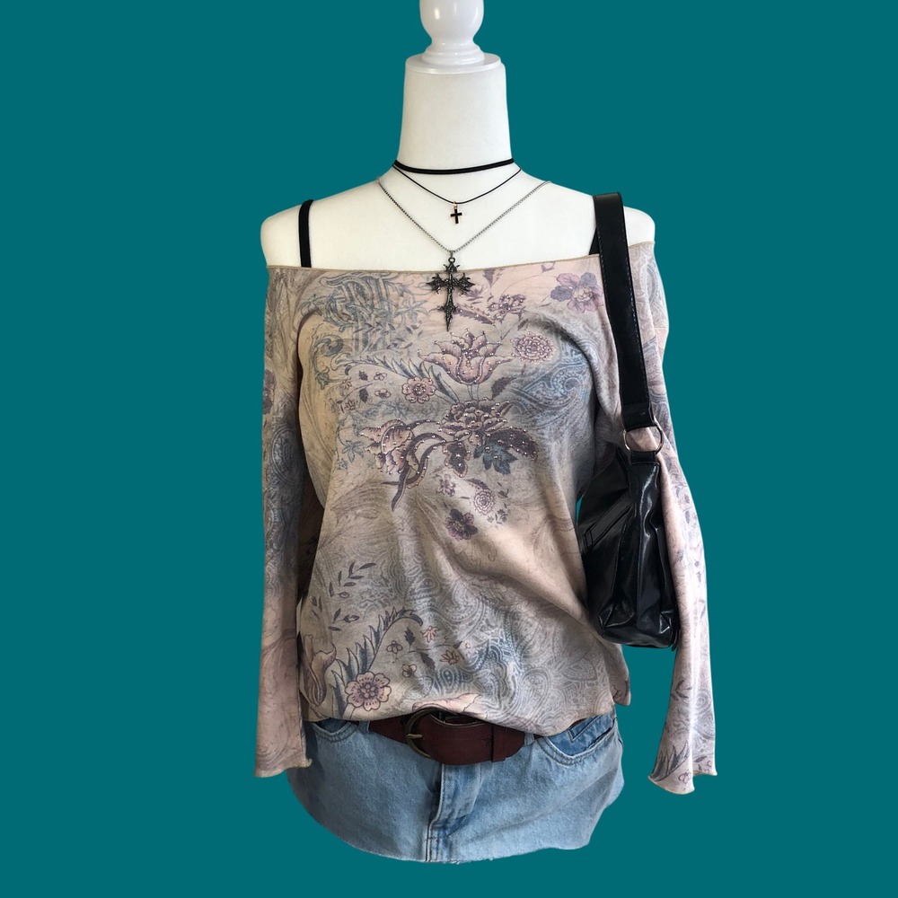 Vintage Y2K Paisley Off the Shoulder Grunge Top Womens L Whimsigoth Fairycore